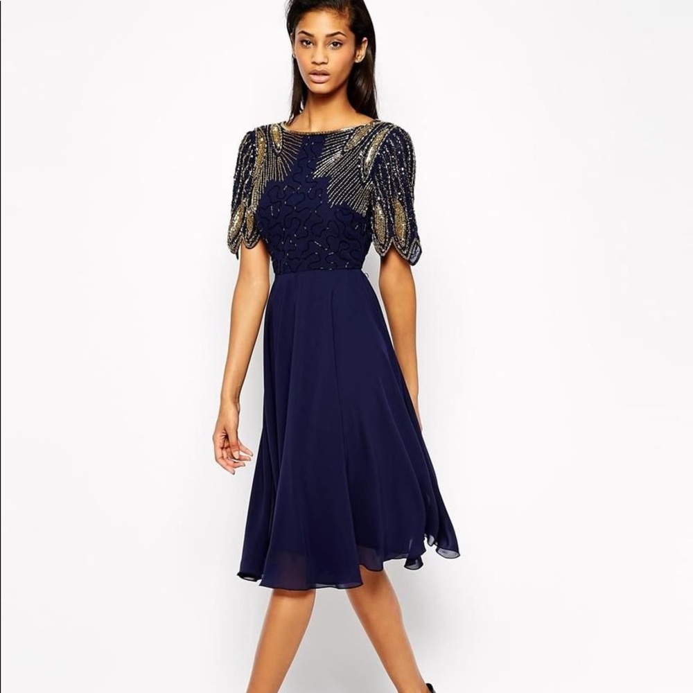 NWT Virgos lounge Lena MIDI dress Navy Gold beading